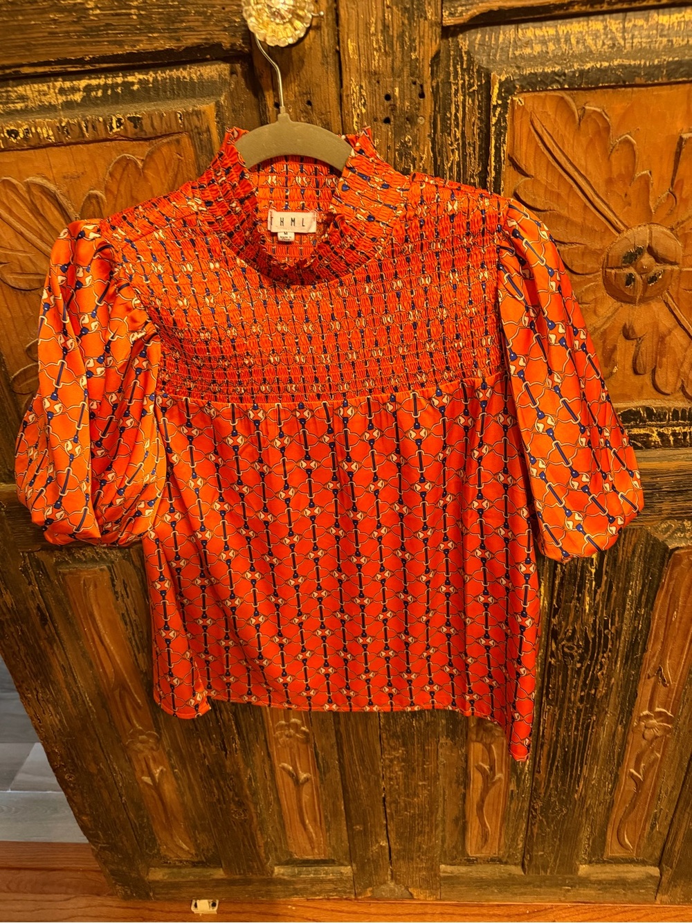 H&M Orange Smocked Puff-Sleeve Blouse with Geometric Print